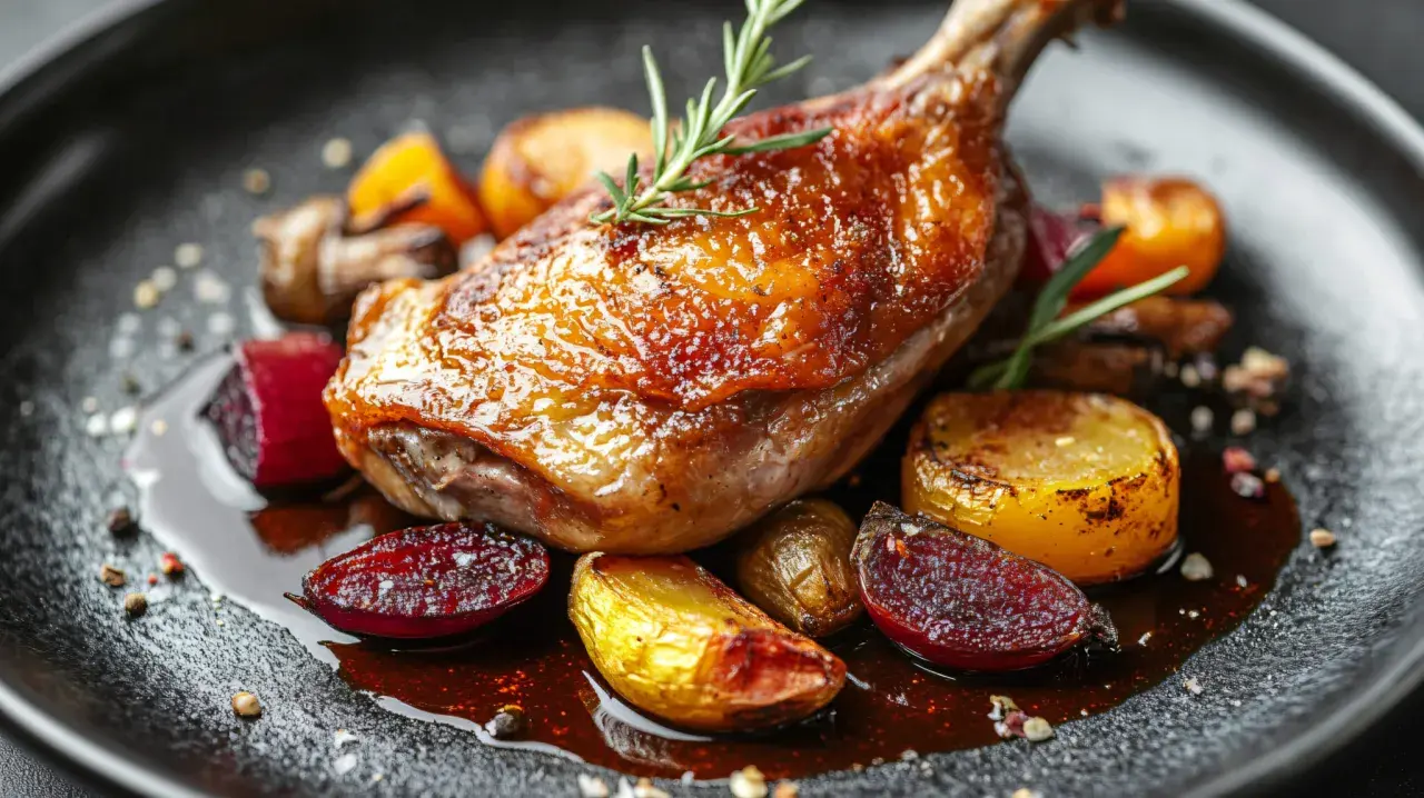 Confit de canard, une des spécialités de Dordogne, servi avec des légumes rôtis et une sauce savoureuse.