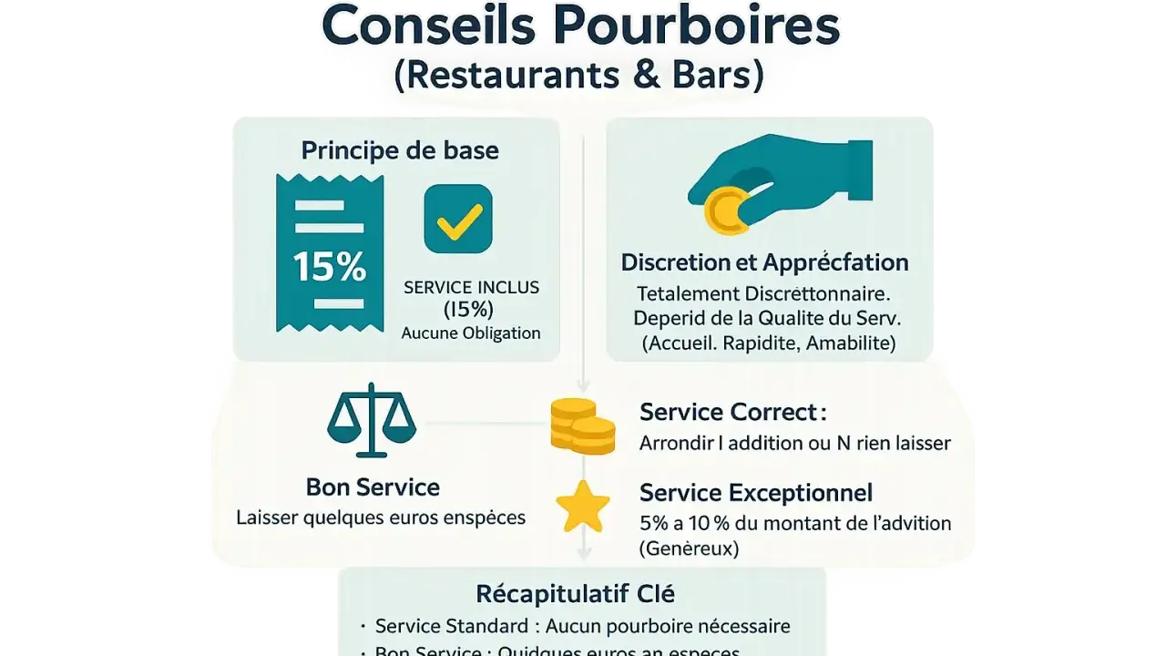 Conseils pourboires : 15% inclus, discrétion, bon service (quelques euros) ou exceptionnel (5-10%).