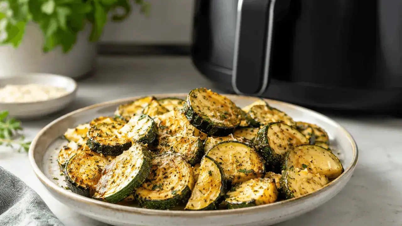 Courgettes croustillantes et dorées, fraîchement sorties de l'air fryer, saupoudrées d'herbes. Un délice sain et rapide.