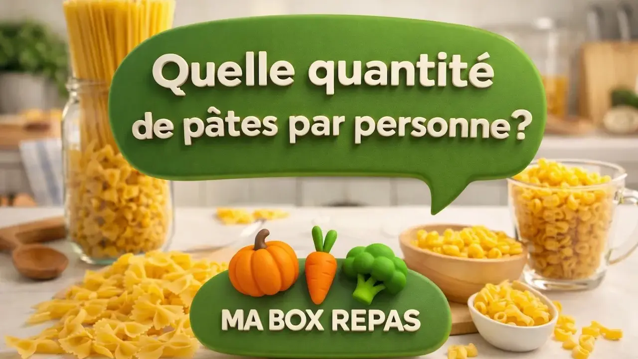 Diverses pâtes, dont des spaghetti, sont présentées avec la question "Quelle quantité de pâtes par personne ?".
