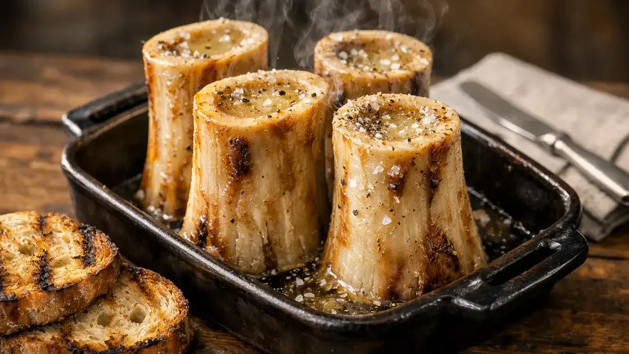 Os à moelle fumants dans un plat, accompagnés de toasts grillés. Un délice de restaurant.