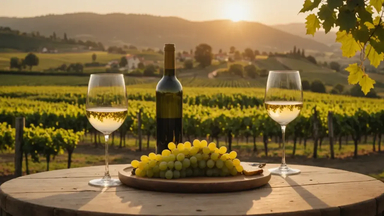 Verre de gewurztraminer sec ou moelleux, raisins et bouteille sur une table en bois, au coucher du soleil dans un vignoble.
