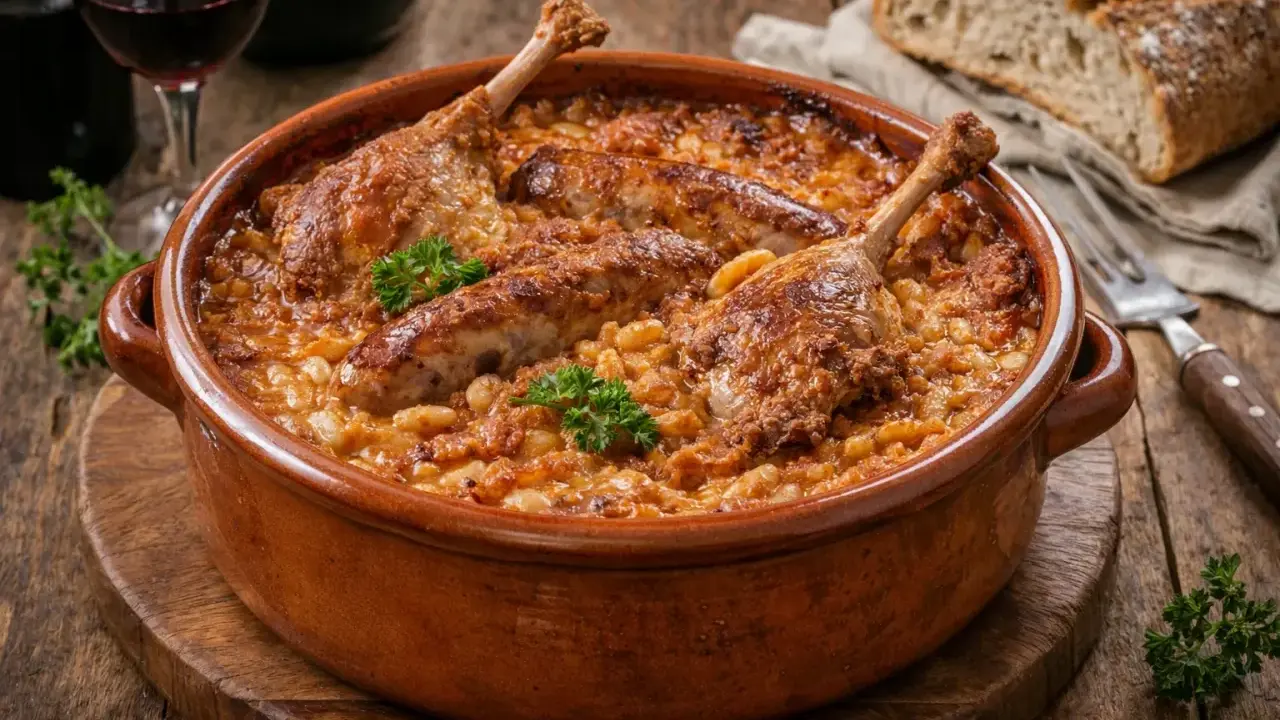 Cassoulet maison recette grand-mère : un plat mijoté dans une cocotte en terre cuite, avec confit de canard, saucisses et haricots blancs. Parfait avec du pain croustillant et un verre de vin rouge.