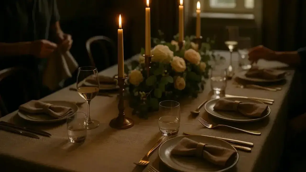 Un dîner aux chandelles, un bouquet floral et des couverts dorés évoquent l'art de la table à la française.