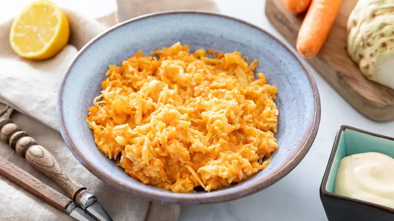 Un bol de carottes râpées originales, avec un quartier de citron et une coupelle de mayonnaise à côté.