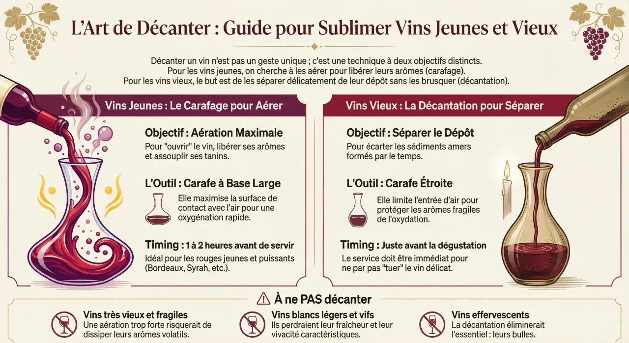 Illustration expliquant comment décanter les vins jeunes pour les aérer et les vins vieux pour séparer le dépôt.