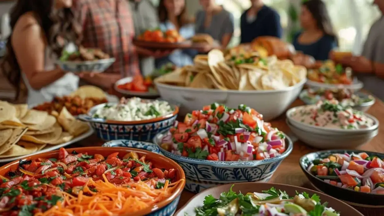 Un joyeux repas à partager entre amis, avec une table débordant de tortillas, de guacamole, de salsa et d'autres délices.