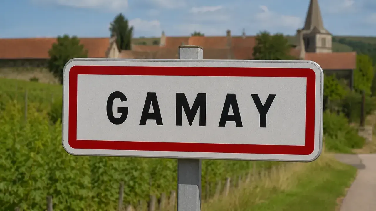Panneau d'entrée du village de Gamay, au cœur de la région viticole. Vignes et clocher en arrière-plan.