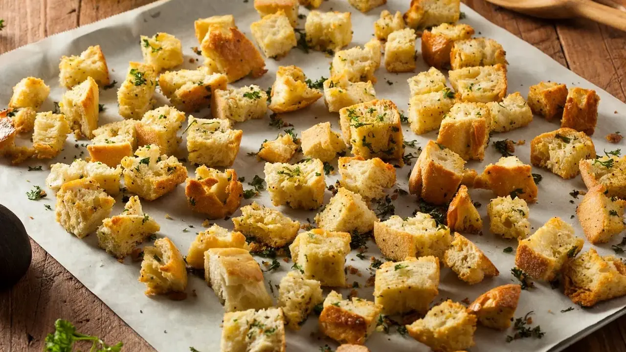 Des morceaux de pain grillés, parsemés d'herbes, prêts à garnir une salade. Ces croutons maison sont un délice croustillant.