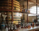 Dégustation de cognac français : flacons, éprouvettes et grands fûts en bois dans une cave de vieillissement.