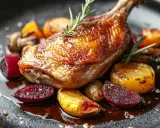 Confit de canard, une des spécialités de Dordogne, servi avec des légumes rôtis et une sauce savoureuse.