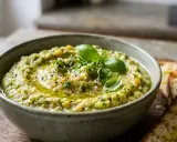 Un bol de caviar de courgette, garni de basilic frais et d'huile d'olive, servi avec des toasts grillés.