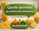 Diverses pâtes, dont des spaghetti, sont présentées avec la question "Quelle quantité de pâtes par personne ?".