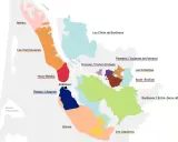 Carte des régions viticoles de Bordeaux. Une liste des appellations comme Médoc, Saint-Émilion, Pomerol, Graves, et Côtes de Bordeaux pour un grand vin de Bordeaux.