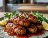 Fricadelles de bœuf savoureuses, nappées d'une sauce rouge et garnies de persil frais, servies avec des quartiers de citron et de la roquette.