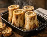 Os à moelle fumants dans un plat, accompagnés de toasts grillés. Un délice de restaurant.