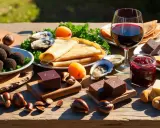 Un festin de saveurs françaises : huîtres, crêpes, marrons, chocolat et vin rouge, un plat typique français par région.