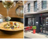 Délicieuse nourriture française dans un restaurant élégant. Un plat de poisson savoureux avec une touche de couleur, servi avec du vin blanc.