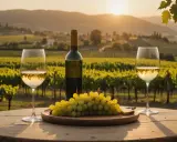 Verre de gewurztraminer sec ou moelleux, raisins et bouteille sur une table en bois, au coucher du soleil dans un vignoble.