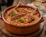 Cassoulet maison recette grand-mère : un plat mijoté dans une cocotte en terre cuite, avec confit de canard, saucisses et haricots blancs. Parfait avec du pain croustillant et un verre de vin rouge.