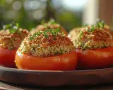 Tomates farcies à la provençale, garnies d'une chapelure dorée et d'herbes fraîches, servies sur un plat en bois.