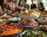 Un joyeux repas à partager entre amis, avec une table débordant de tortillas, de guacamole, de salsa et d'autres délices.