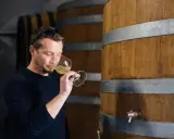 Un homme déguste un verre de vin blanc, peut-être un sauvignon sec ou moelleux, dans une cave à vin près de fûts en bois.
