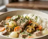 Un plat réconfortant de blanquette de veau fondante, avec riz, carottes, champignons et oignons.