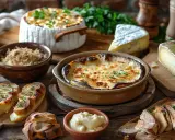 Plats gratinés et fromages, un festin de spécialités Auvergne. Pain grillé, herbes fraîches et ambiance rustique.