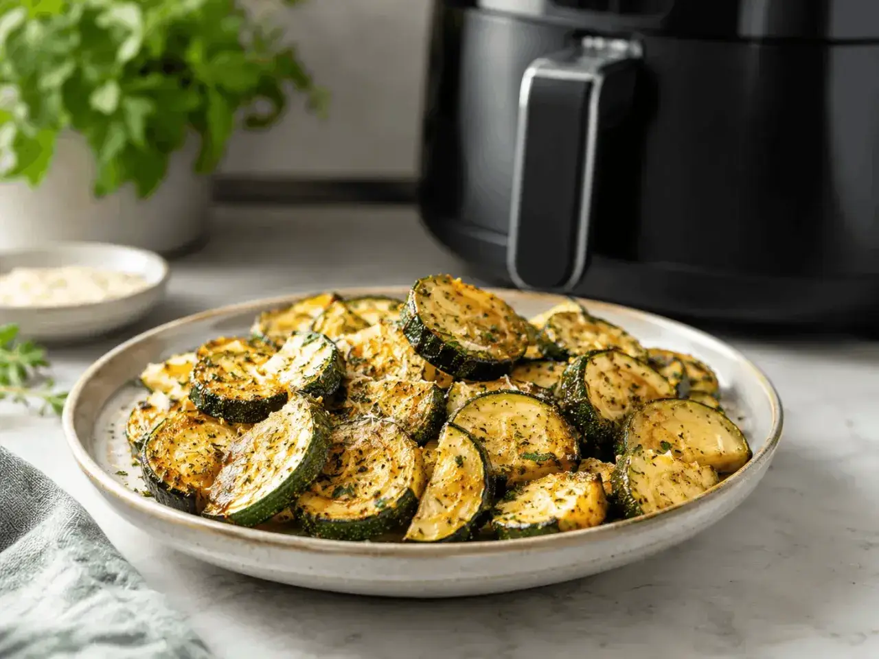 Courgettes croustillantes et dorées, fraîchement sorties de l'air fryer, saupoudrées d'herbes. Un délice sain et rapide.