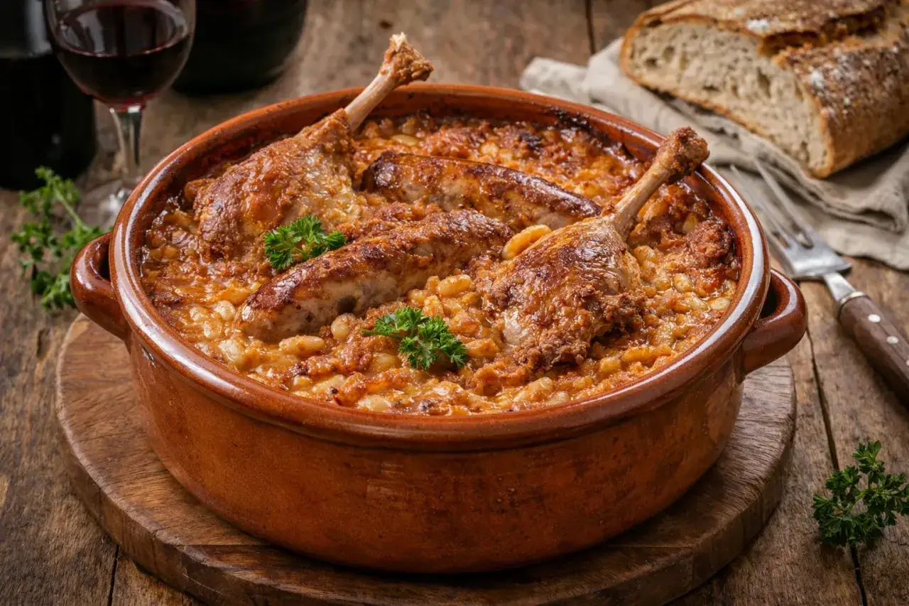 Cassoulet maison recette grand-mère : un plat mijoté dans une cocotte en terre cuite, avec confit de canard, saucisses et haricots blancs. Parfait avec du pain croustillant et un verre de vin rouge.