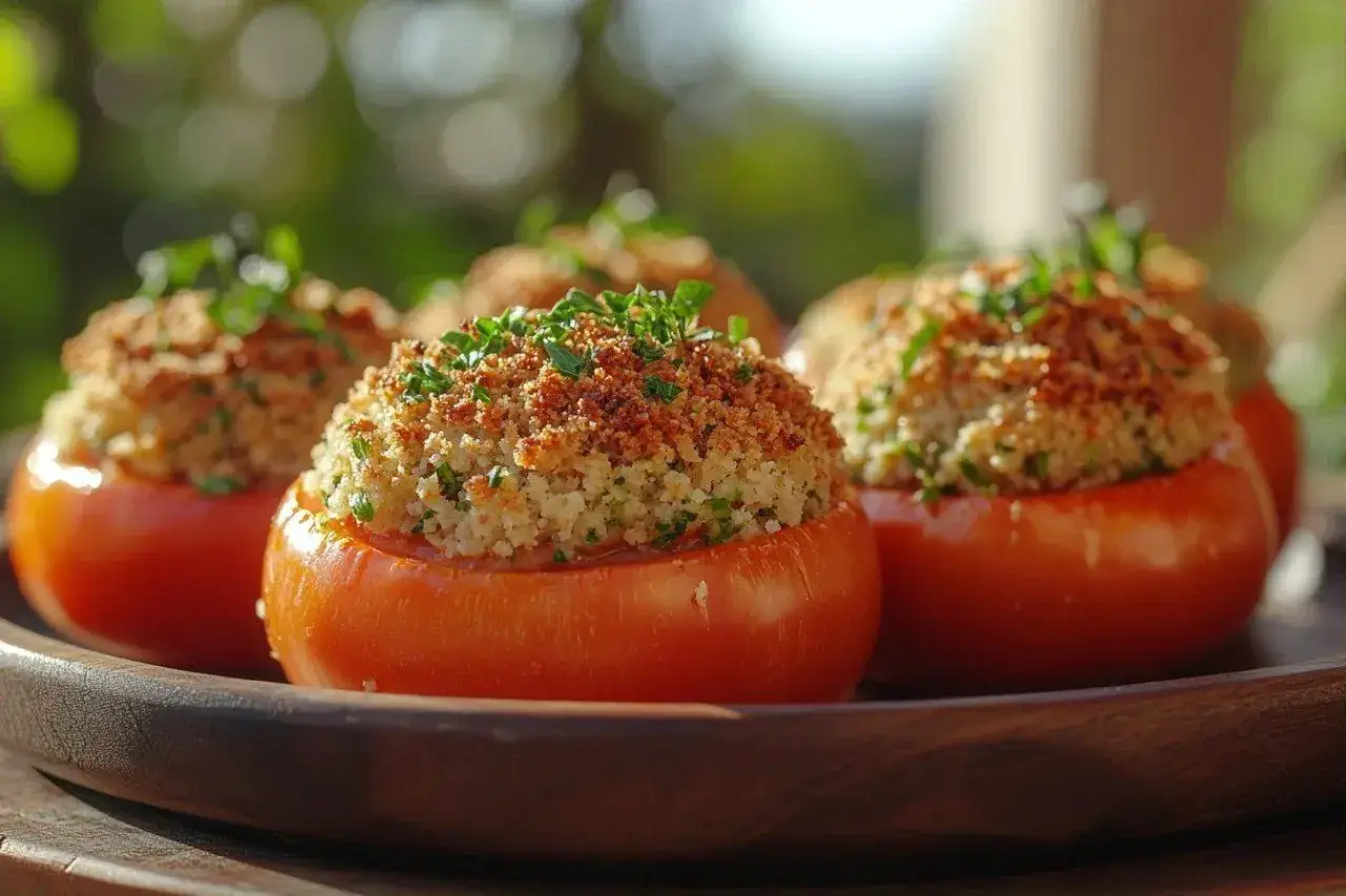 Tomates farcies à la provençale, garnies d'une chapelure dorée et d'herbes fraîches, servies sur un plat en bois.