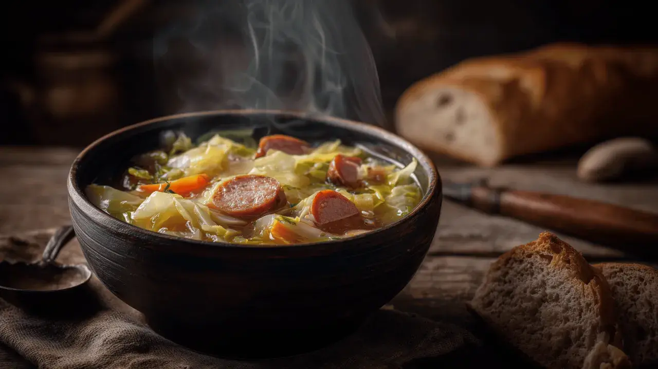 Un bol fumant de soupe au chou maison, avec des saucisses et des carottes, servi avec du pain rustique.