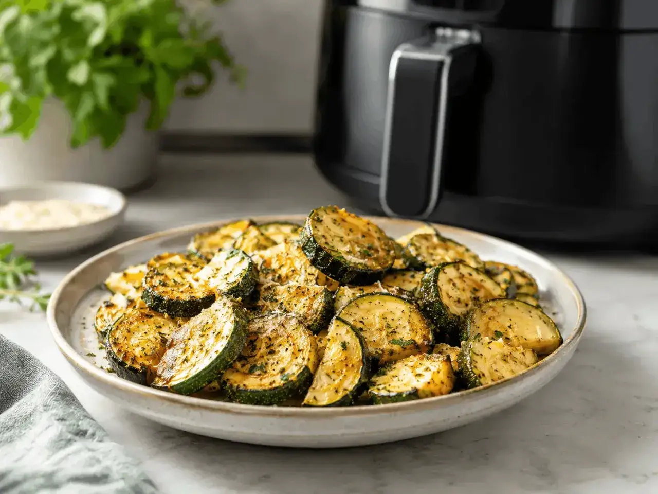 Courgettes croustillantes et dorées, tout juste sorties de l'air fryer, garnies d'herbes fraîches.