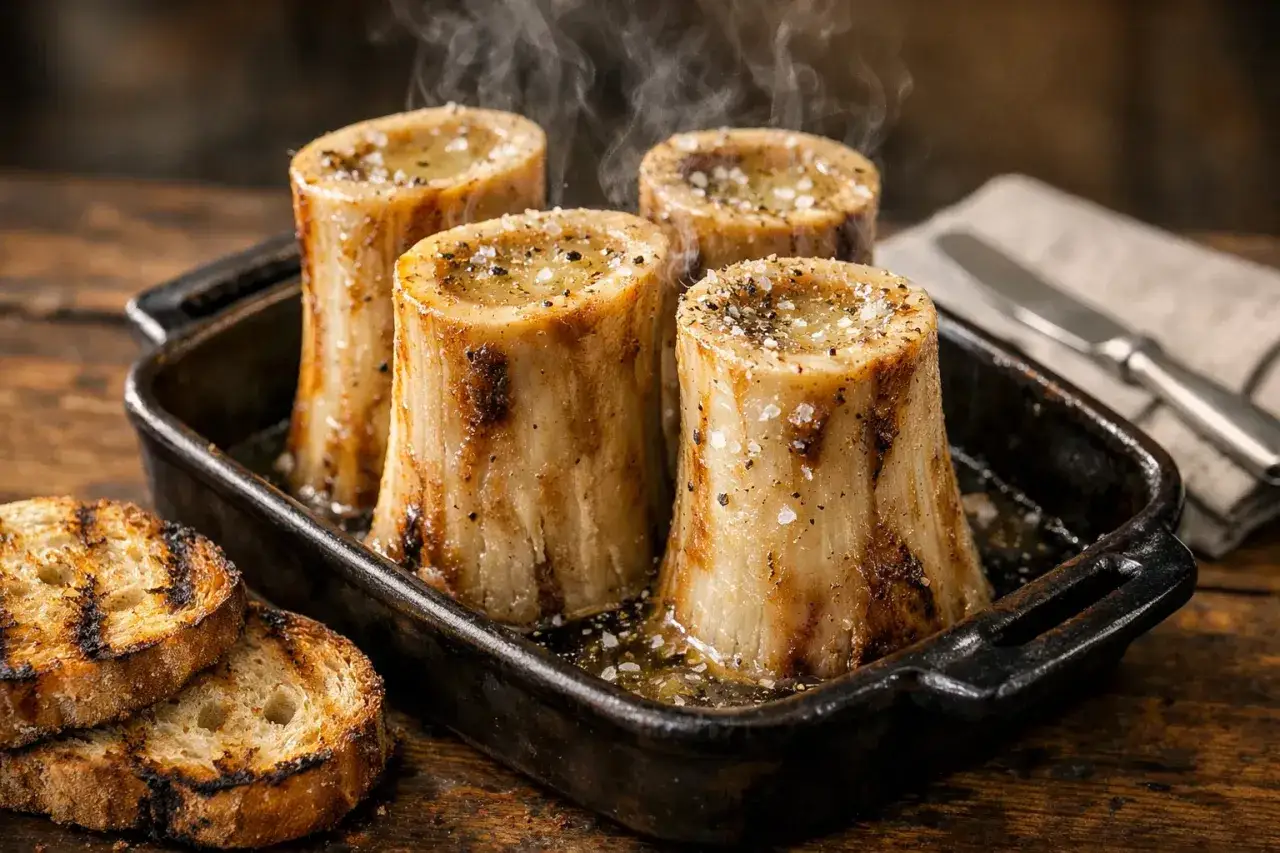Os à moelle fumants, un délice de restaurant, servis avec des toasts grillés.