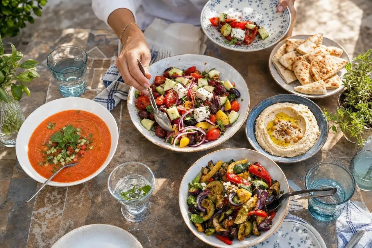 Une table garnie d'une entrée provençale : gazpacho, salade grecque, houmous, légumes rôtis et pain pita.