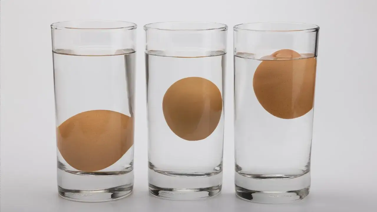 Trois œufs dans des verres d'eau : un au fond, un suspendu, et un œuf qui flotte à la surface.