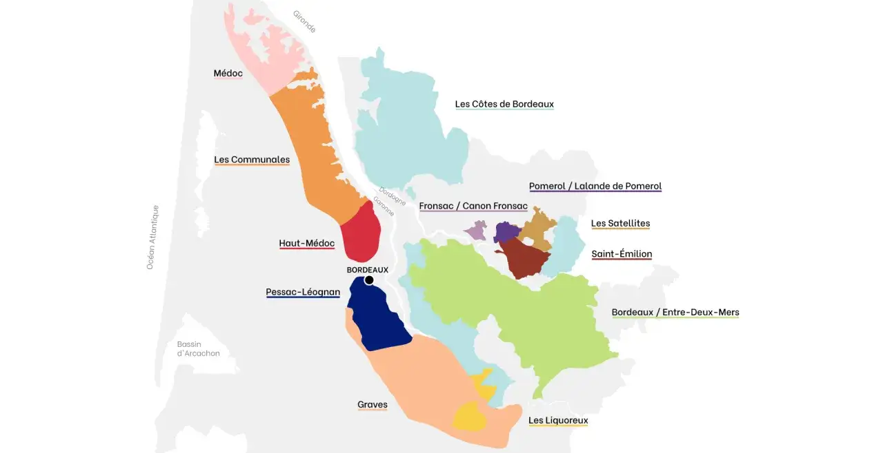 Carte des régions viticoles de Bordeaux. Une liste des appellations comme Médoc, Saint-Émilion, Pomerol, Graves, et Côtes de Bordeaux pour un grand vin de Bordeaux.