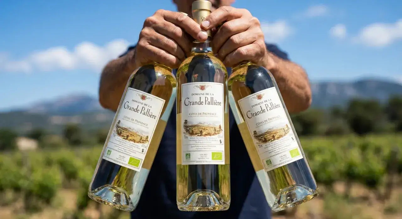 Trois bouteilles de vin blanc du Domaine de la Grande Pallière, Côtes de Provence, un sauvignon sec ou moelleux, présentées en plein air.