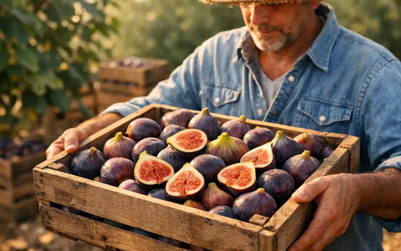 Un agriculteur porte une caisse remplie de figues mûres, signe de la belle saison des figues.