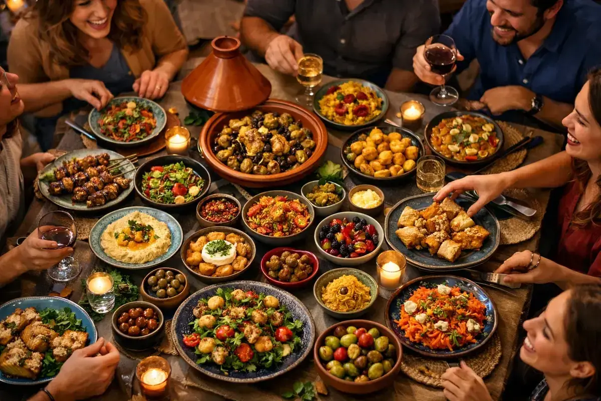 Un joyeux repas à partager entre amis, avec une table débordant de plats colorés : tajine, brochettes, salades, houmous et fruits.