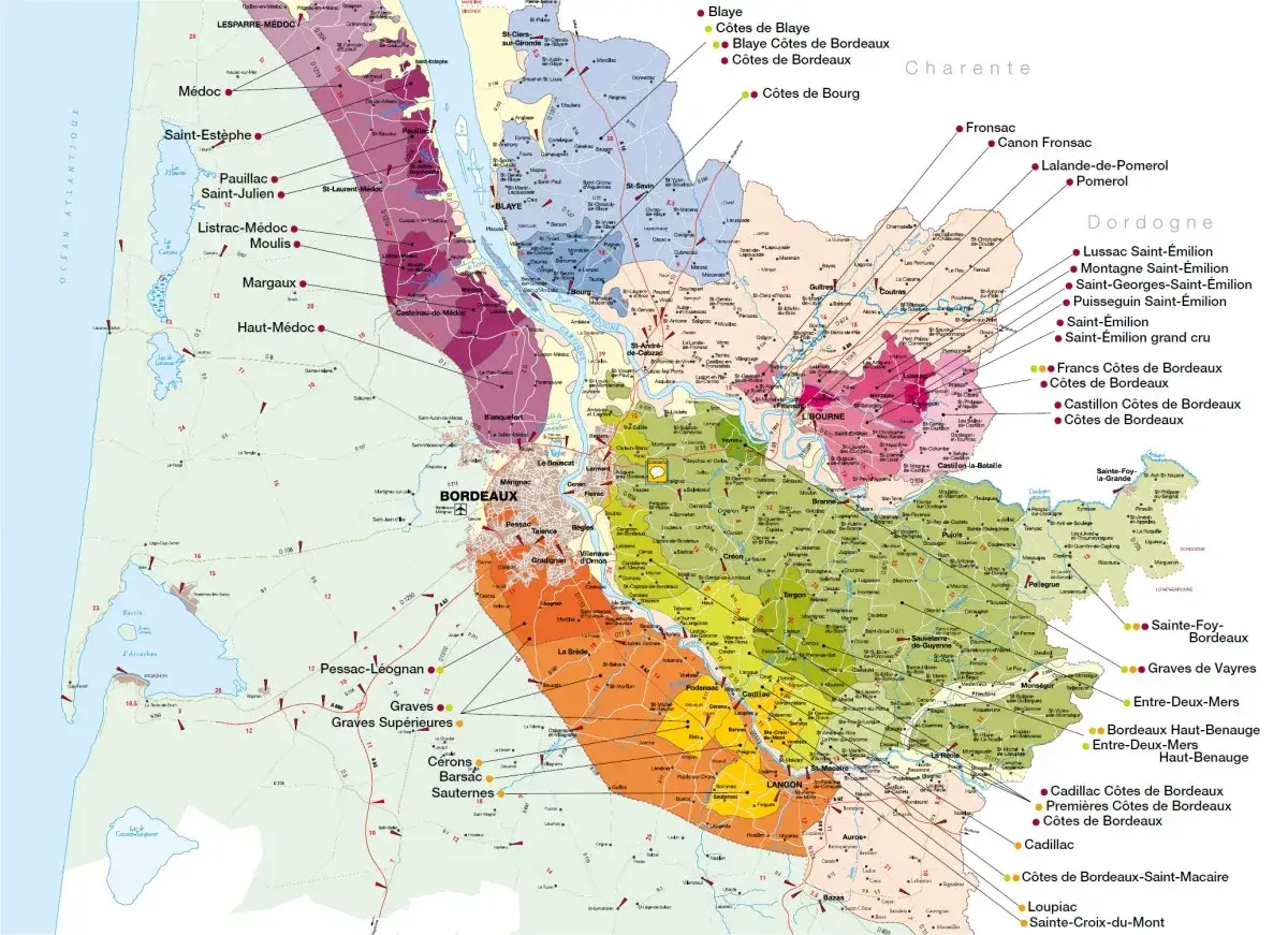 Carte des vignobles de Bordeaux, montrant les appellations et les régions viticoles. Explorez les vins de Bordeaux.