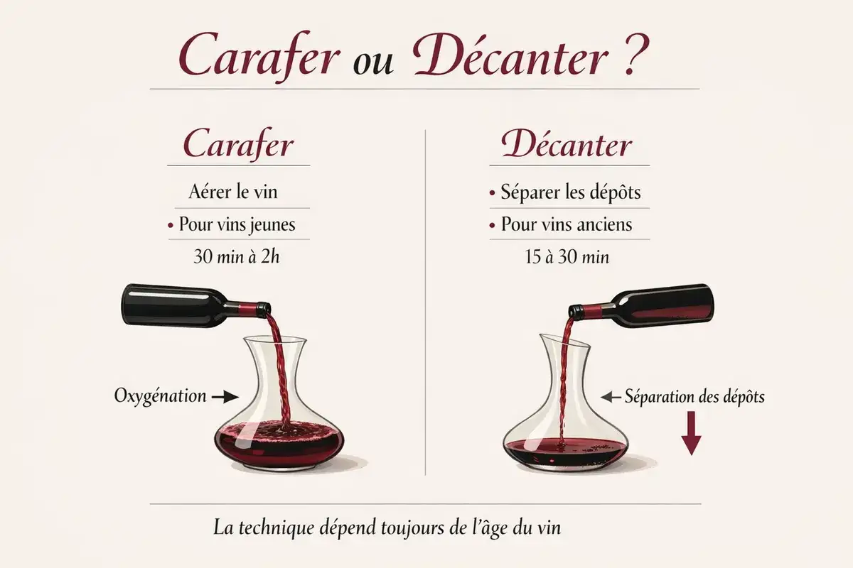 Illustration comparant carafer (aérer pour vins jeunes) et décanter (séparer les dépôts pour vins anciens).