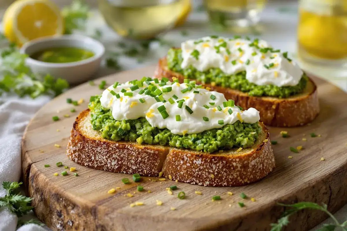 Tartines gourmandes : pain grillé garni d'un savoureux caviar de courgette, de fromage frais et de ciboulette ciselée. Un délice !