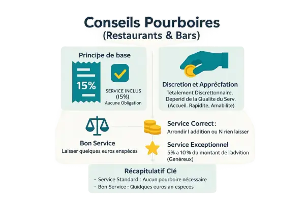 Conseils pourboires : 15% inclus, discrétion, bon service (quelques euros) ou exceptionnel (5-10%).