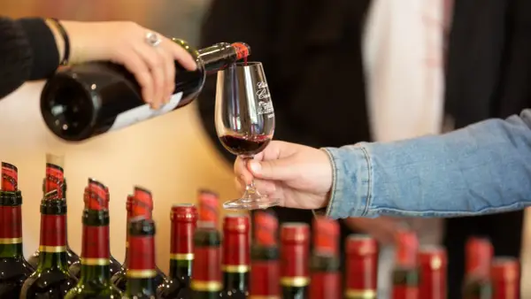 Dégustation de **vins de Bordeaux**, une main verse le liquide rubis dans un verre, tandis que d'autres bouteilles attendent leur tour.