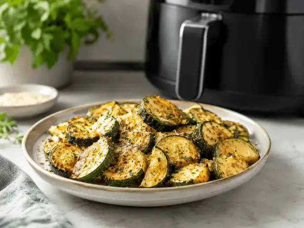 Courgettes croustillantes et dorées, fraîchement sorties de l'air fryer, saupoudrées d'herbes. Un délice sain et rapide.