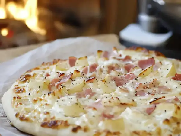Flammekueche ou flamenkuch, une tarte fine garnie de lardons, de pommes de terre et de crème, cuite au feu de bois.