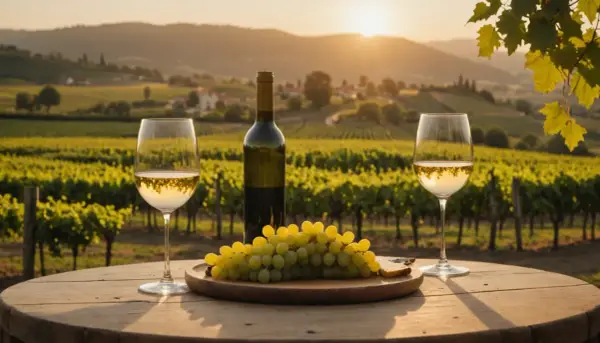 Verre de gewurztraminer sec ou moelleux, raisins et bouteille sur une table en bois, au coucher du soleil dans un vignoble.