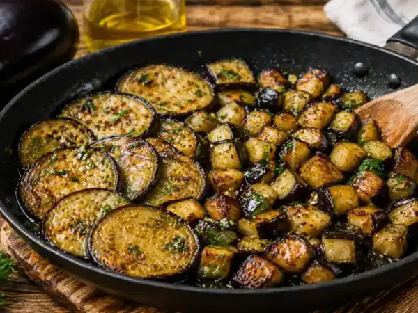 Aubergines sautées dans une poêle, certaines en rondelles, d'autres en dés, parsemées d'herbes fraîches. Un délice à déguster !